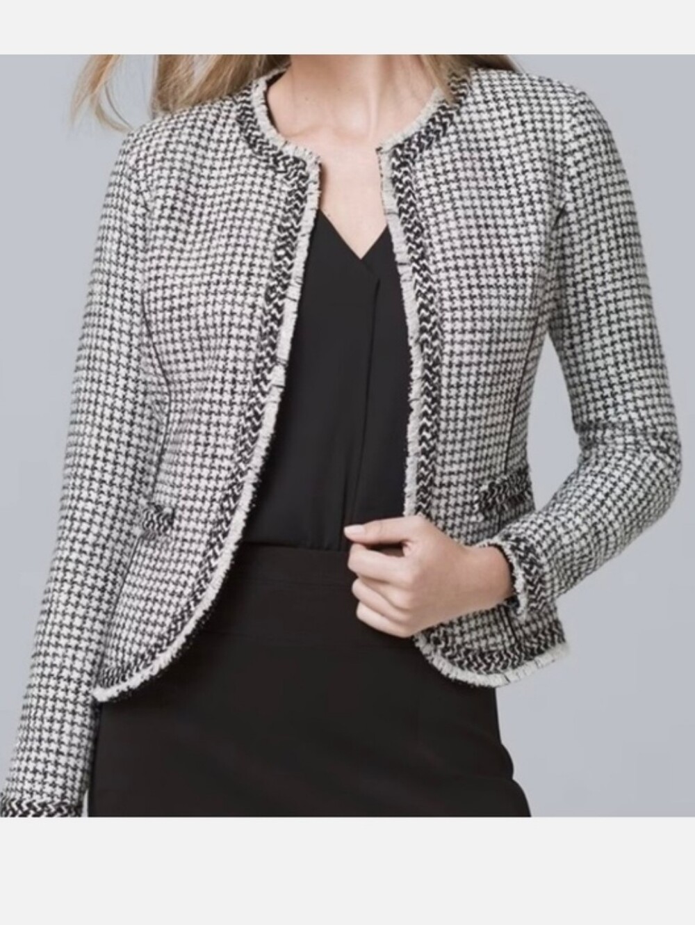 White House Black Market LS BW Tweed Jacket- Black & Ecru w/Silver Threads Sz XL